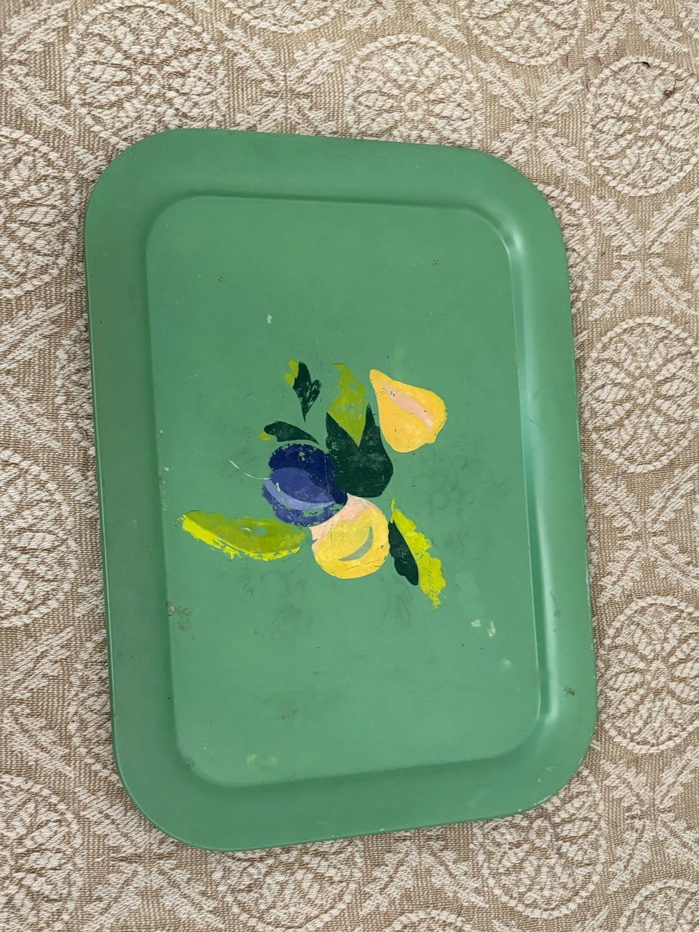 Vintage Metal Serving Tray with Hand-Painted Fruit Motif
